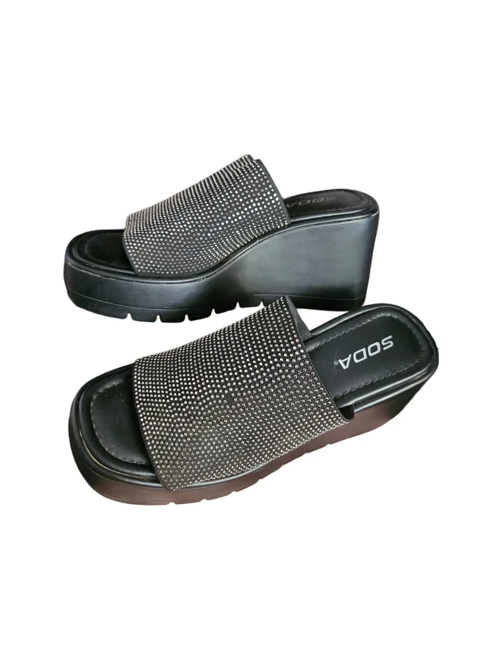 Soda Y2K Bling Silver Rhinestone Black Platform Sandals Whimsy Gothic Style